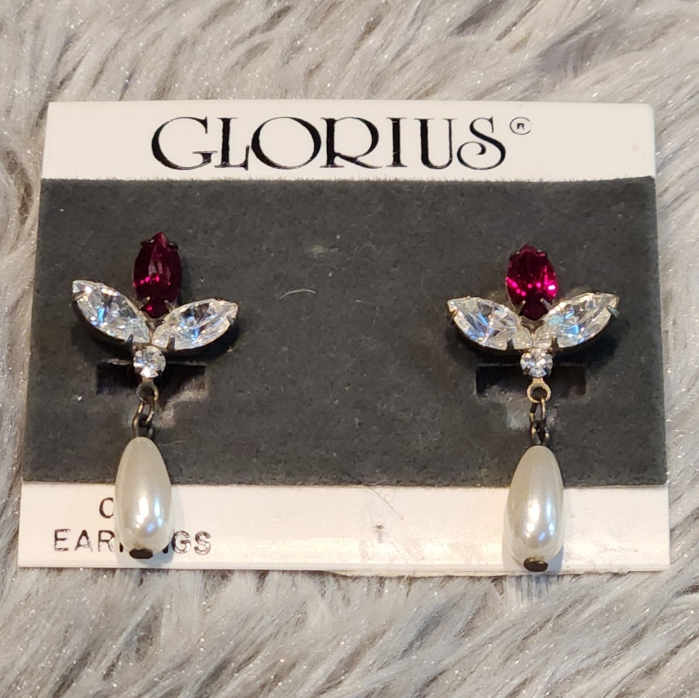 Vintage Silver and Red Earrings with Sparkling Stones & Pearls
